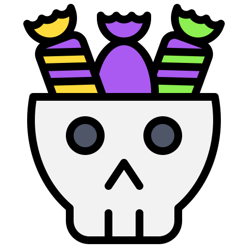 Coloriage de crâne d'Halloween et bonbons à imprimer.